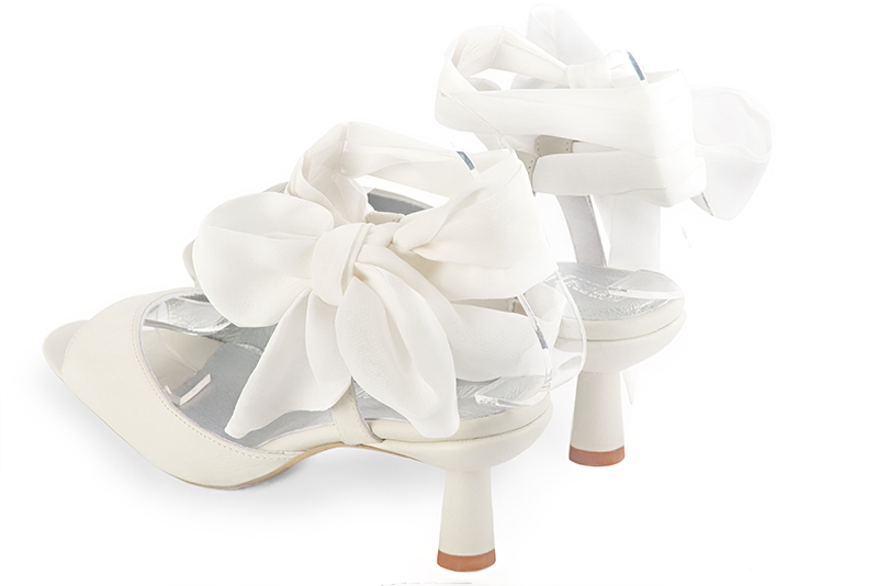 Off white women's open back sandals, with a scarf around the ankle. Square toe. Medium spool heels. Rear view - Florence KOOIJMAN